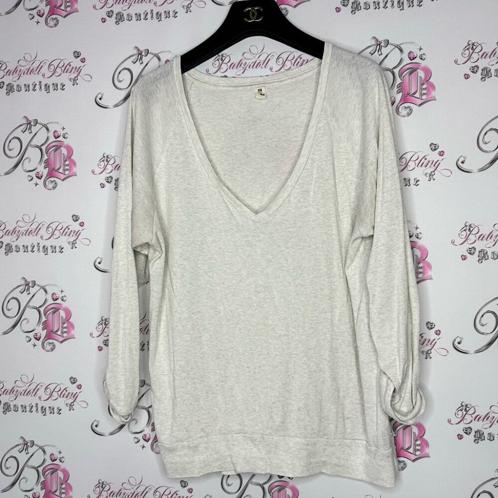 TNA sweater top pull over white cream grey logo on side V neck cinch arm cuff